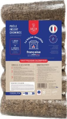 Bûches de bois densifiées 9 kg – Pack de 5 unités – Haute densité, combustion longue